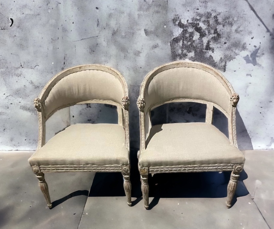 Exceptional pair Gustavian Barrel chairs 