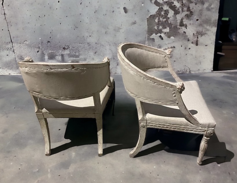 Exceptional pair Gustavian Barrel chairs 